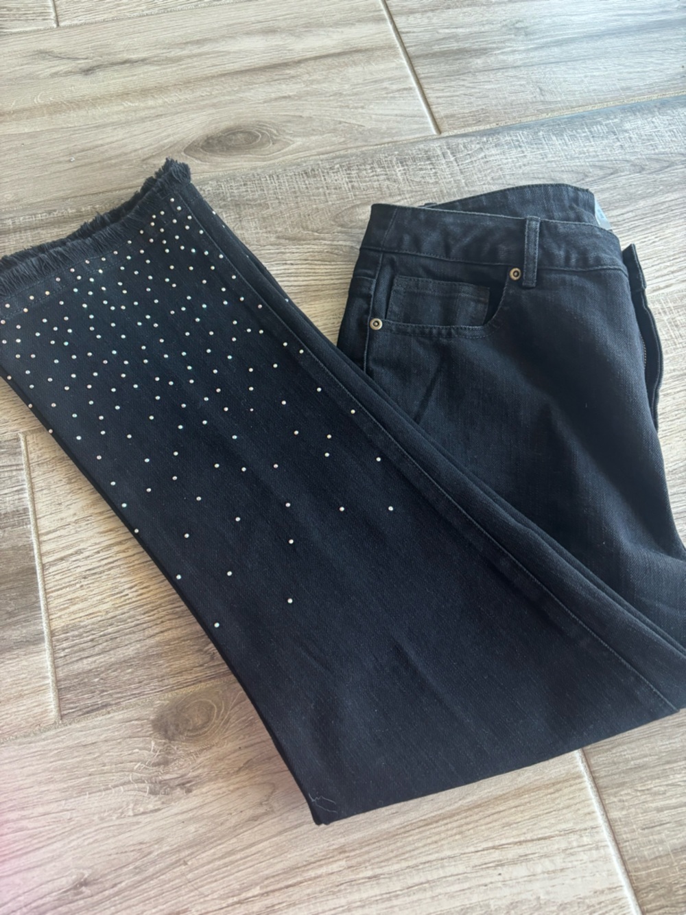 Slim Sation by Multiples Stretch Black Rhinestone Hem Women’s Jeans size 4P NEW
